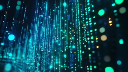 Fototapeta premium Abstract glowing teal and gold particle streams on black background.