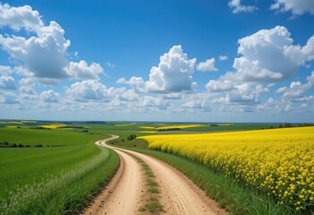 Scenic Country Road Winding Through Vibrant Yellow Fields