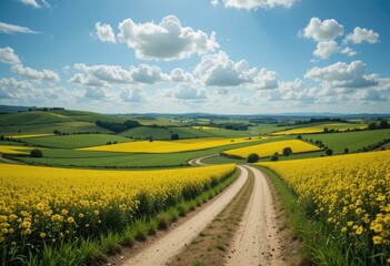 Scenic Country Road Winding Through Vibrant Yellow Fields