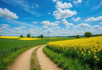 Scenic Country Road Winding Through Vibrant Yellow Fields