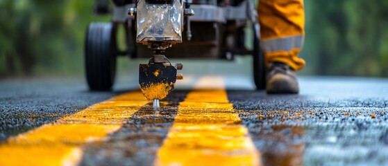 Worker paints vibrant yellow road lines sharply defined against dark asphalt using specialized equipment.. AI Generated