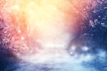 Fototapeta premium Enchanted Winter Path: Glowing Mist & Dreamlike Forest