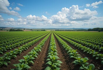 Vast agricultural field of young plants under a vibrant blue sky.