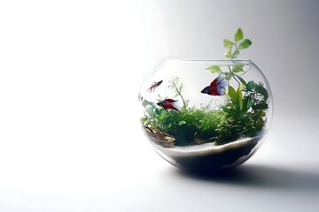 Miniature Aquatic Ecosystem: Red Betta Fish in Glass Bowl with Moss and Plants