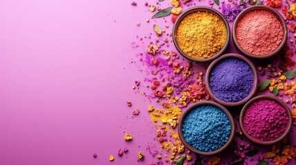 Happy holi festival decoration.Top view of Photo of Holi festival decorations on a purple background, with colorful powder in bowls and flags for celebration