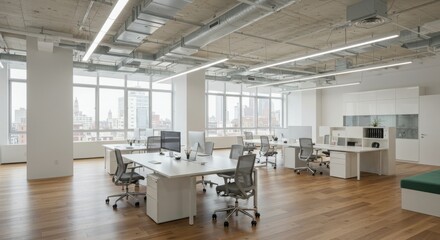 Modern open office space, minimalist design, white walls, large windows, natural light, wooden floors, sleek desks, ergonomic chairs, urban view
