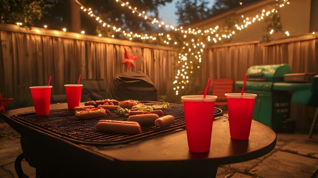 Grilled hot dogs and drinks on a backyard grill under fairy lights at night.  A festive summer evening scene.