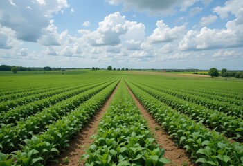 Vast agricultural field of young plants under a vibrant blue sky.