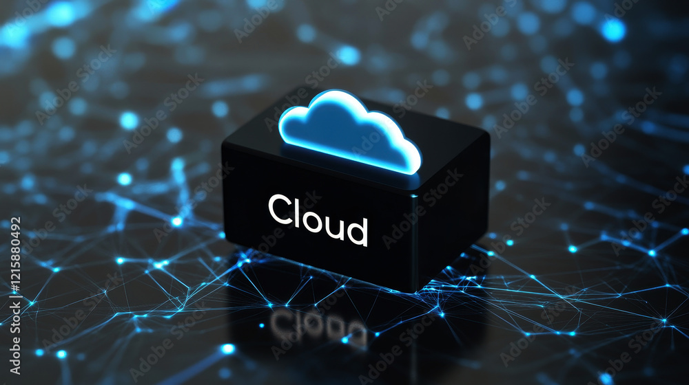 Poster futuristic glowing cloud computing concept with neon light, representing digital data storage and mo