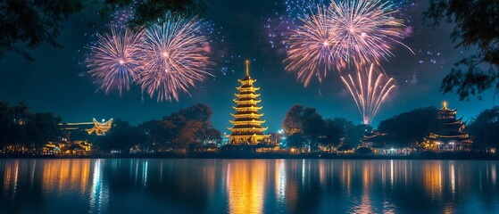 Night Festive Pagoda Fireworks Display. AI Generated