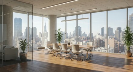 modern office space, floor-to-ceiling windows, city skyline view, sunlight streaming in, minimalist furniture, ergonomic chairs