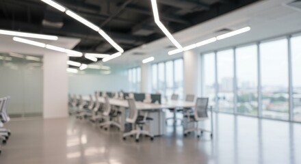 Obraz premium Modern office interior, blurred background, open plan workspace, large windows, natural light, minimalist design, white desks
