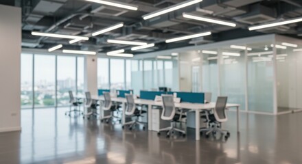 Modern office interior, blurred background, open plan workspace, large windows, natural light, minimalist design, white desks