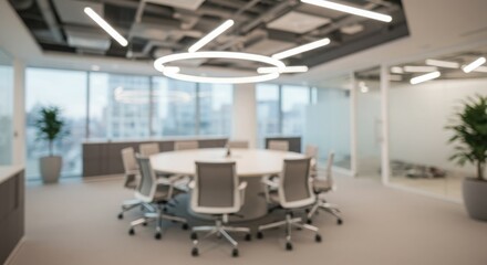 modern office interior, blurred background, soft lighting, minimalist design, clean workspace, round conference table, ergonomic chairs