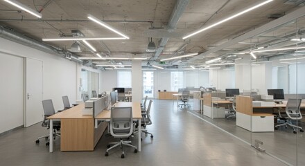 Modern office interior, minimalist design, open workspace, glass partitions, white walls, wooden desks, ergonomic chairs, sleek lighting fixtures
