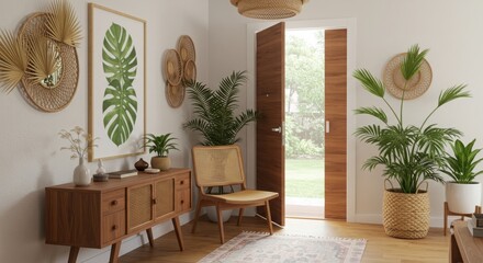 Mid-century modern interior, wooden console table, cane back chair, tropical plants, monstera leaf artwork, woven basket planter