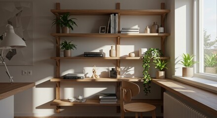 Fototapeta premium Minimalist home office, wooden shelves, potted plants, natural light, window, white walls, books, decorative objects, cozy interior, warm tones