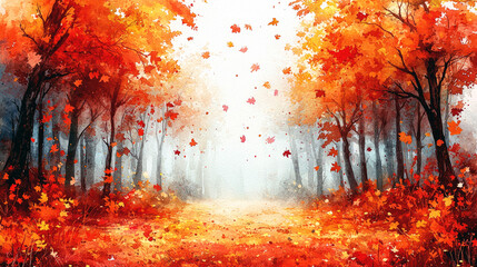 Autumnal Watercolor Forest: A Path Through Red and Gold Leaves