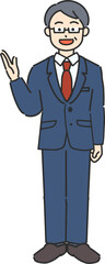 案内するベテランのビジネスマン／先生の全身イラスト
