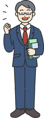 本を持ってガッツポーズをするベテランのビジネスマン／先生の全身イラスト
