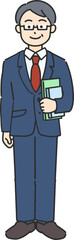 本を持って立つベテランのビジネスマン／先生の全身イラスト
