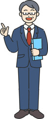 ファイルを持って指差しするベテランのビジネスマン／先生の全身イラスト
