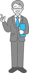 ファイルを持って指差しするベテランのビジネスマン／先生の全身イラスト
