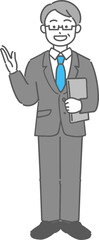 ノートパソコンを持って案内するベテランのビジネスマン／先生の全身イラスト
