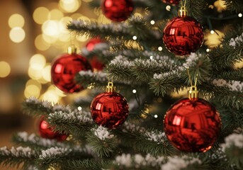 Christmas tree close-up, shiny red ornaments, snowy pine branches, twinkling bokeh lights, festive holiday atmosphere, macro photography