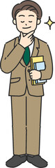 本を持って自信がある様子の若いビジネスマン／先生の全身イラスト
