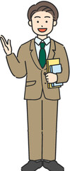 本を持って案内する若いビジネスマン／先生の全身イラスト
