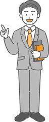 本を持って指差しする若いビジネスマン／先生の全身イラスト
