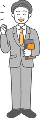 本を持ってガッツポーズする若いビジネスマン／先生の全身イラスト
