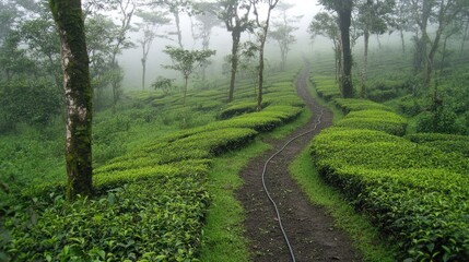 Obraz premium Misty Tea Plantation Path: A Serene Walk Through Lush Greenery