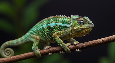 Vibrant Green Chameleon on Branch Close Up Photo