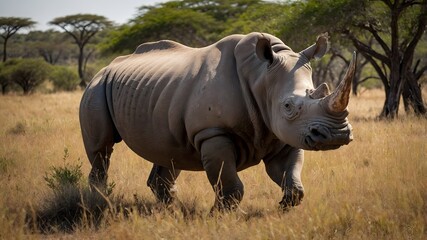Fototapeta premium Serene Wilderness: Rhinoceros Grazing on the Open Savanna Plains