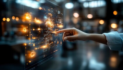 A hand interacts with a digital interface displaying data and technology elements.