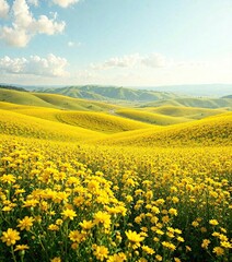 Rolling hills of bright yellow rape flowers stretching as far as the eye can see, bright yellow, distance, horizon