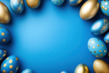 Blue and gold Easter eggs frame a blue background. Perfect for Easter cards, spring promotions, and festive designs.