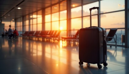 Black suitcase on shining floor at airport during sunset, with reflections creating a warm, inviting atmosphere as passengers wait. Travel for airport ads, wanderlust themes, or vacation planning.

