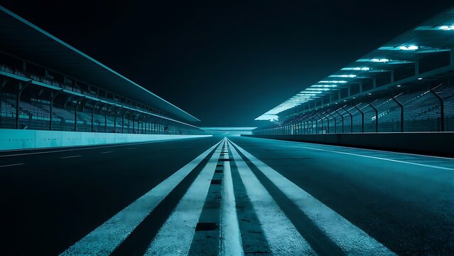 empty fast ride on racing track and empty grandstands around asphalt road at night