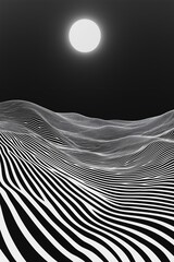 Monochrome abstract landscape with striped hills and radiant sun