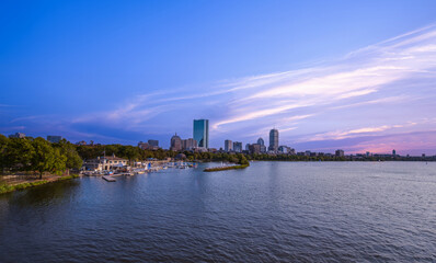 Fototapeta premium USA, Panoramic view of Boston skyline and downtown from Longfellow bridge over Charles River.