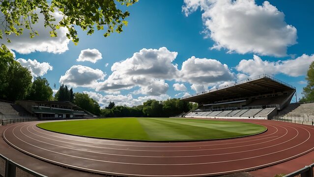 empty athletics stadium with track at panorama day view