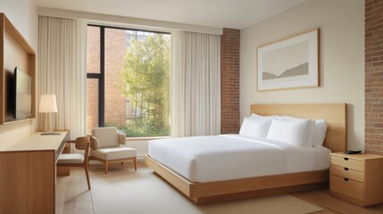 Modern Hotel Room with King Size Bed and Large Window