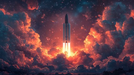 Majestic Rocket Launch: A Stellar Ascent Through Fiery Clouds