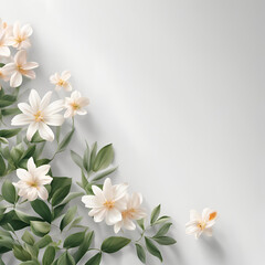 A serene and delicate composition of white flowers and lush green leaves, gracefully arranged on a soft, neutral background. Perfect for creating a calming, natural ambiance.