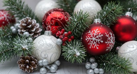 Christmas ornaments, pine branches, red and white baubles, silver decorations, frosted pinecones, snowy background