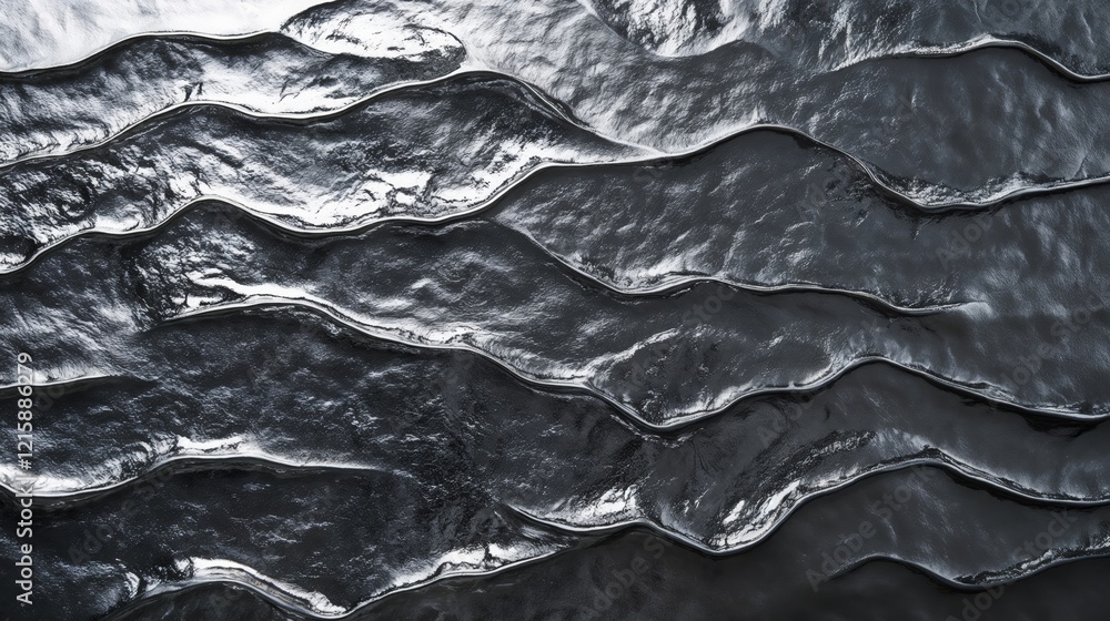 Poster metallic surface with wave-like pattern reflecting light. textured metallic waves, reflective design