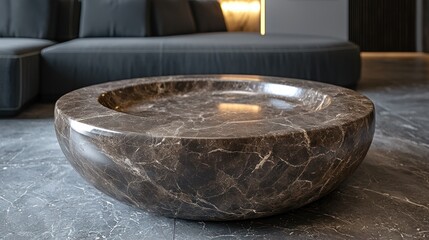 Fototapeta premium Round marble coffee table in modern living room with sofa in background